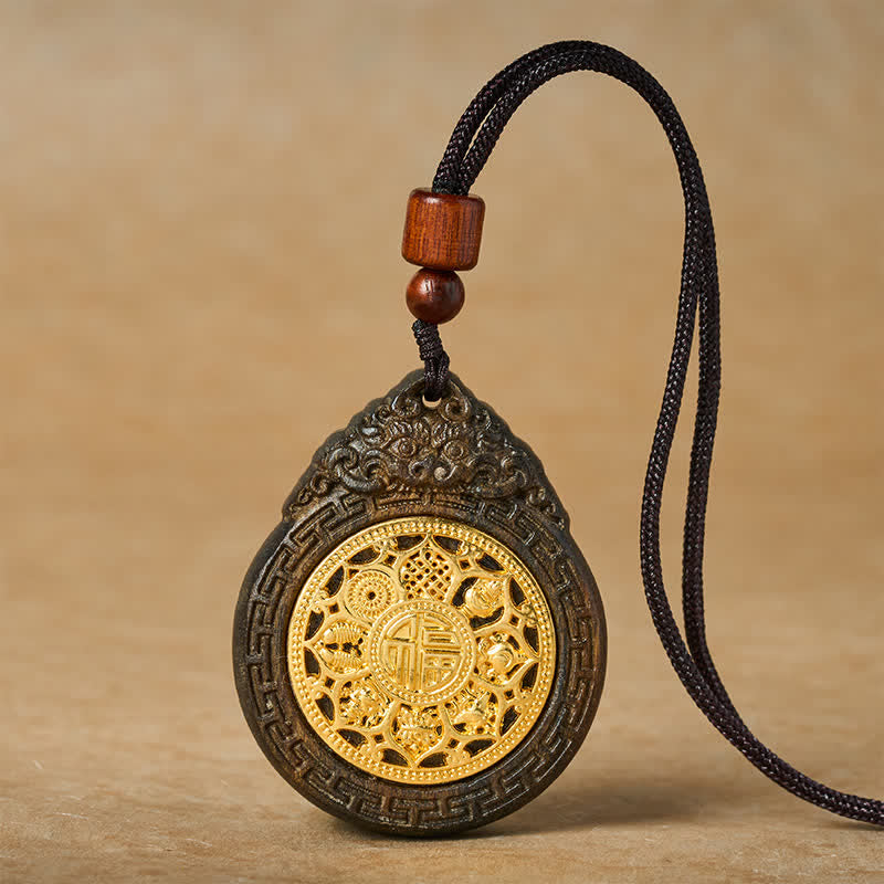 Buddha Stones 吉祥獣、スオウ材手彫り福字良縁祈願ペンダントネックレス - 吉祥獣 - image 0