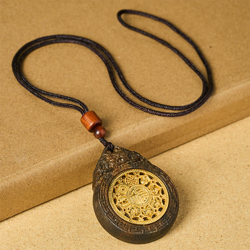 Buddha Stones 吉祥獣、スオウ材手彫り福字良縁祈願ペンダントネックレス - image 1