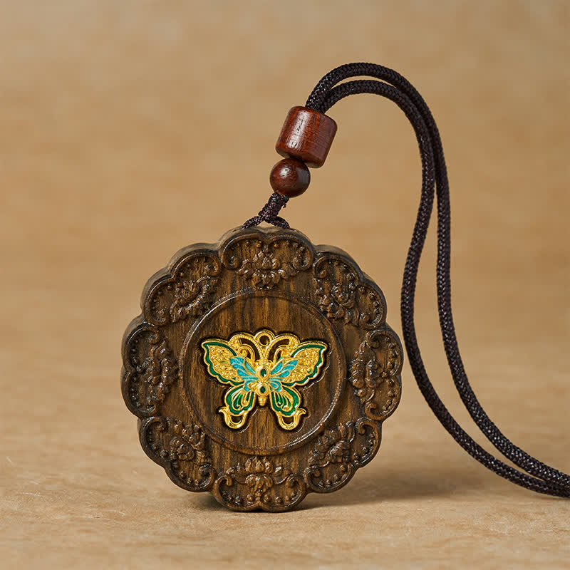 Buddha Stones 変身彫刻スオウ材の木製蝶ペンダントネックレス - 蝶 - image 0