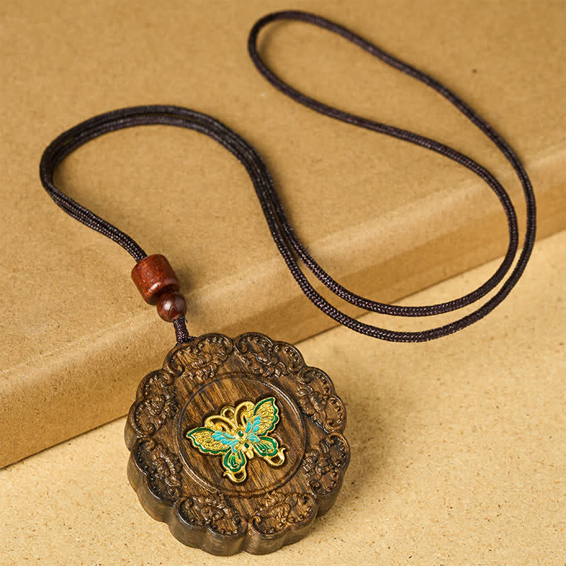Buddha Stones 変身彫刻スオウ材の木製蝶ペンダントネックレス - image 1
