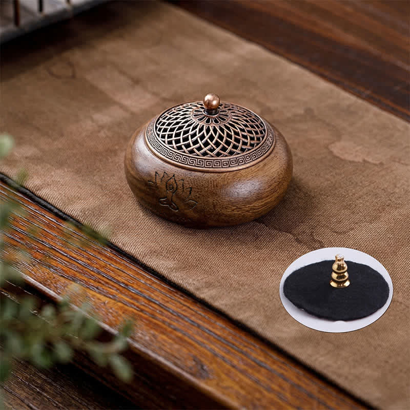 Buddha Stones 桃の木龍鳳凰の力を持つ丸型香炉 - ロータスデザイン - image 1