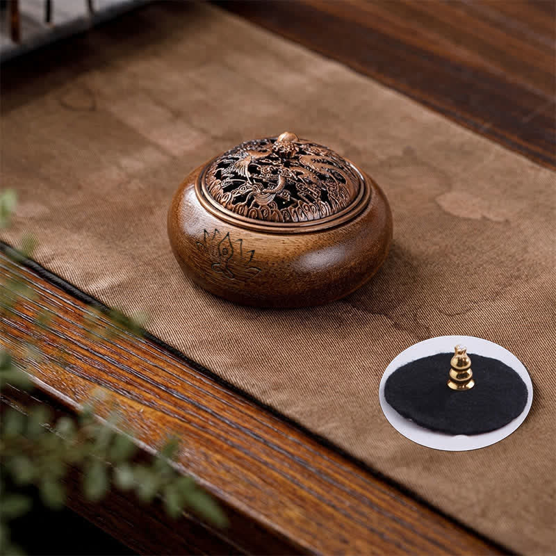 Buddha Stones 桃の木龍鳳凰の力を持つ丸型香炉 - 龍鳳凰 - image 0
