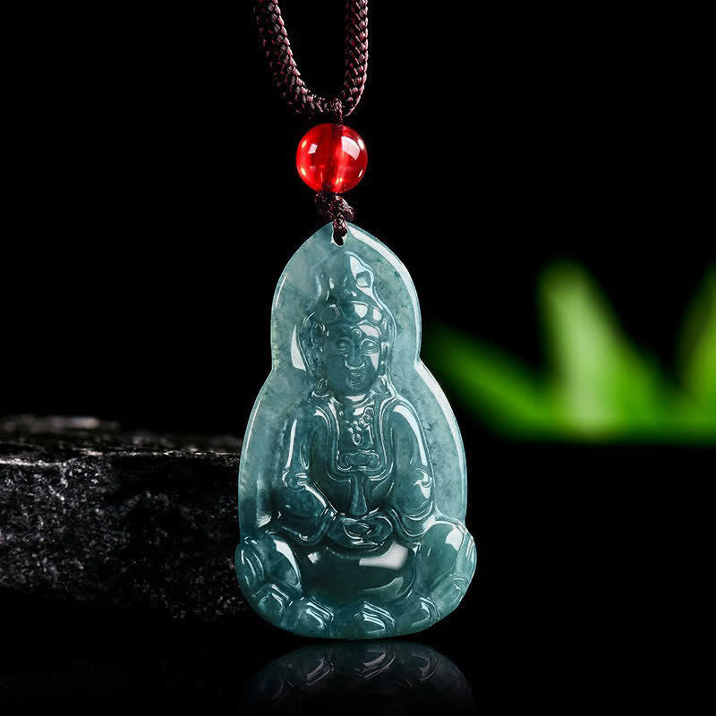 Buddha Stones 翡翠製観音菩薩彫刻入り幸運と慈悲のペンダントネックレス - image 1