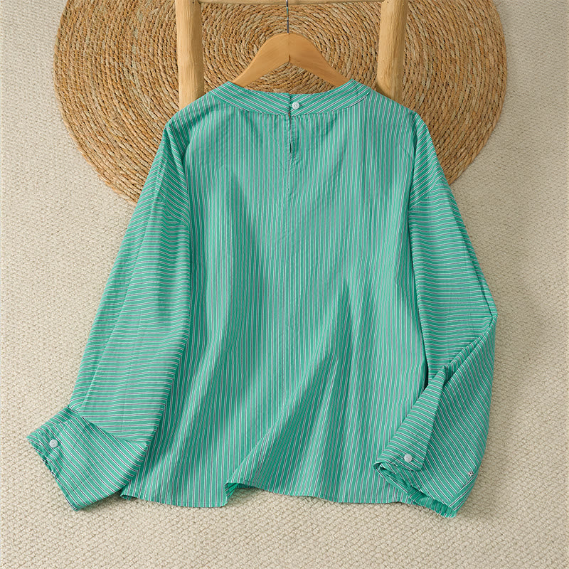 Buddha Stones 春のカジュアルミニマリストグリーンストライプクルーネック長袖Tシャツ（レディース） - image 1