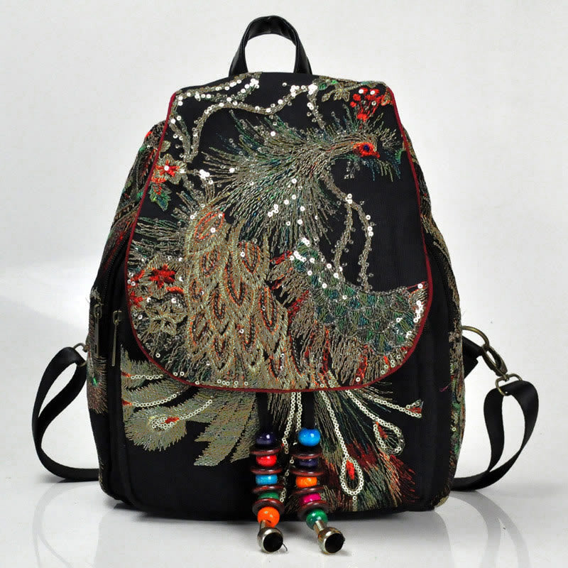 Buddha Stonesピーコック刺繍 キャンバス タッセル バックパック - image 1