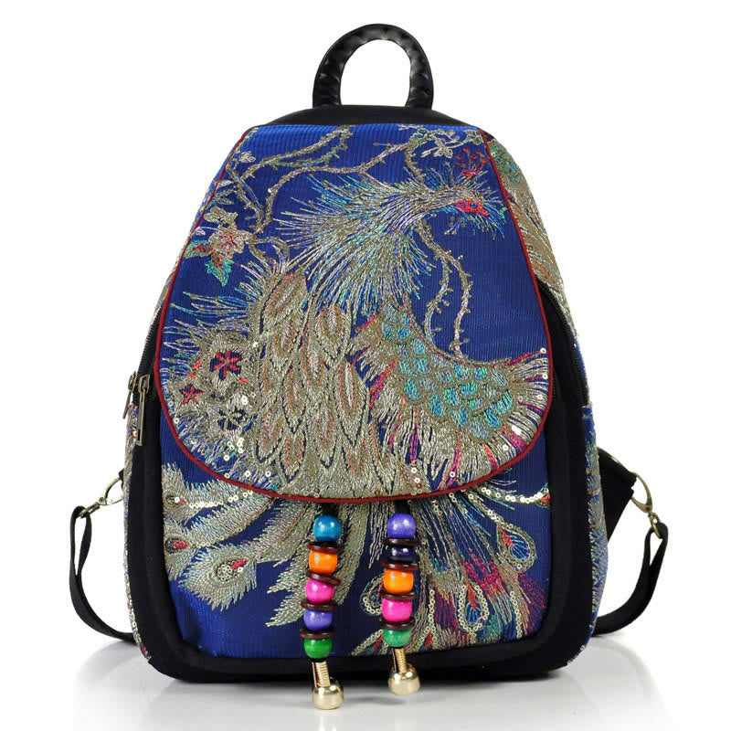 Buddha Stonesピーコック刺繍 キャンバス タッセル バックパック - ダークブルーピーコック - image 17