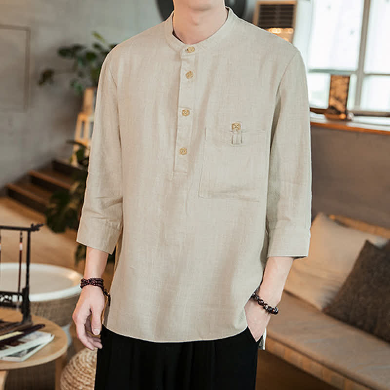 Buddha Stones 春夏カジュアル唐草スタイルマンダリンカラーパッチポケット無地メンズ長袖シャツ（ポケット付き） - image 18
