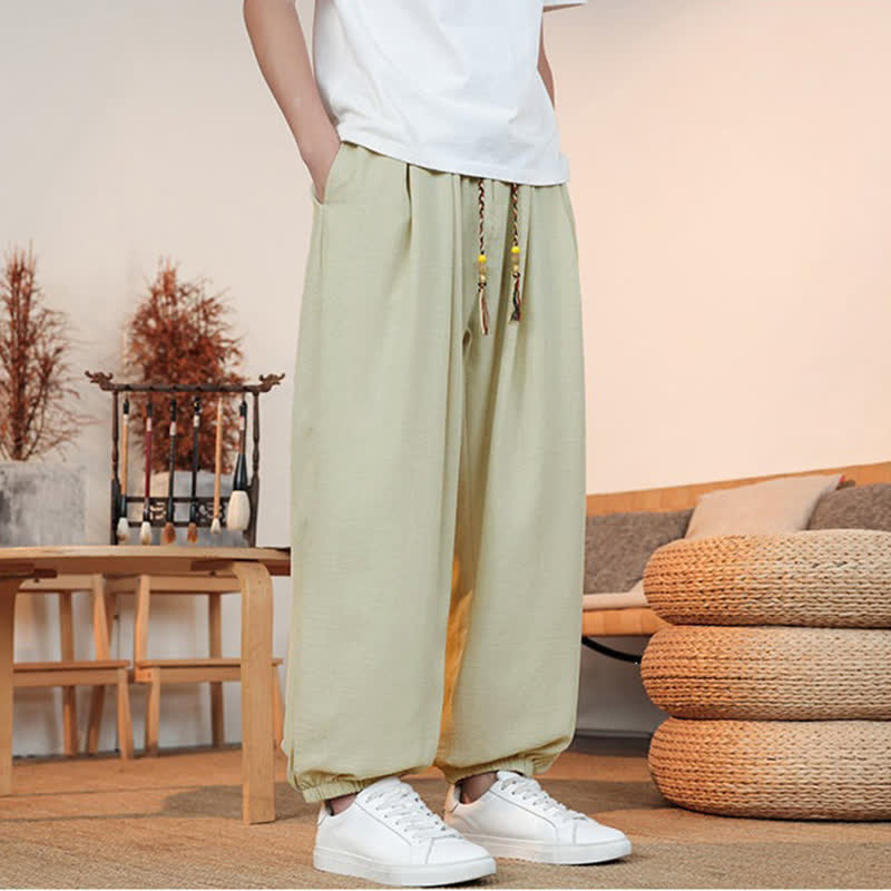 Buddha Stones 春夏カジュアルドローストリング無地クロップドパンツメンズストレートレッグパンツポケット付き - image 3
