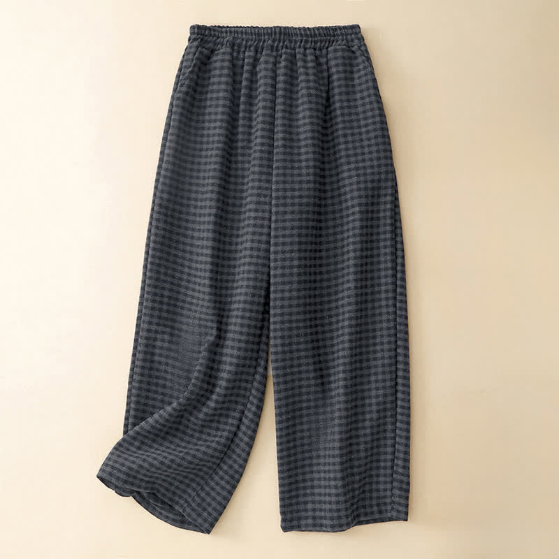 Buddha Stones 冬用カジュアルチェック柄クロップドパンツ レディースストレートレッグパンツ（ポケット付き） - 黒 - US8-10, UK/AU12-14, EU40-42 （2XL） - image 0