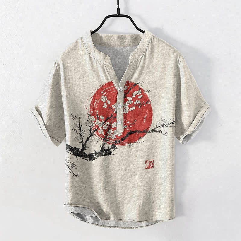 Buddha Stones コットンインク 梅花太陽柄 メンズ 半袖ハーフボタンシャツ - リネン - US/UK/AU50、EU60（5XL） - image 0