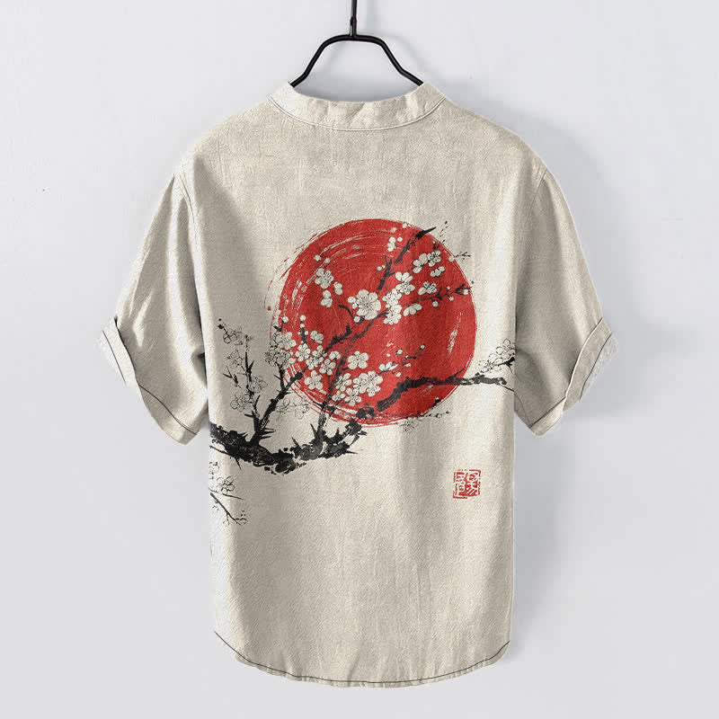 Buddha Stones コットンインク 梅花太陽柄 メンズ 半袖ハーフボタンシャツ - image 1