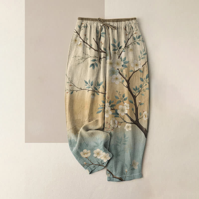 Buddha Stones 純綿インク花枝柄レディースゴムウエストパンツ（ポケット付き） - ベージュ - US16、 UK/AU20、 EU48 (3XL) - image 0