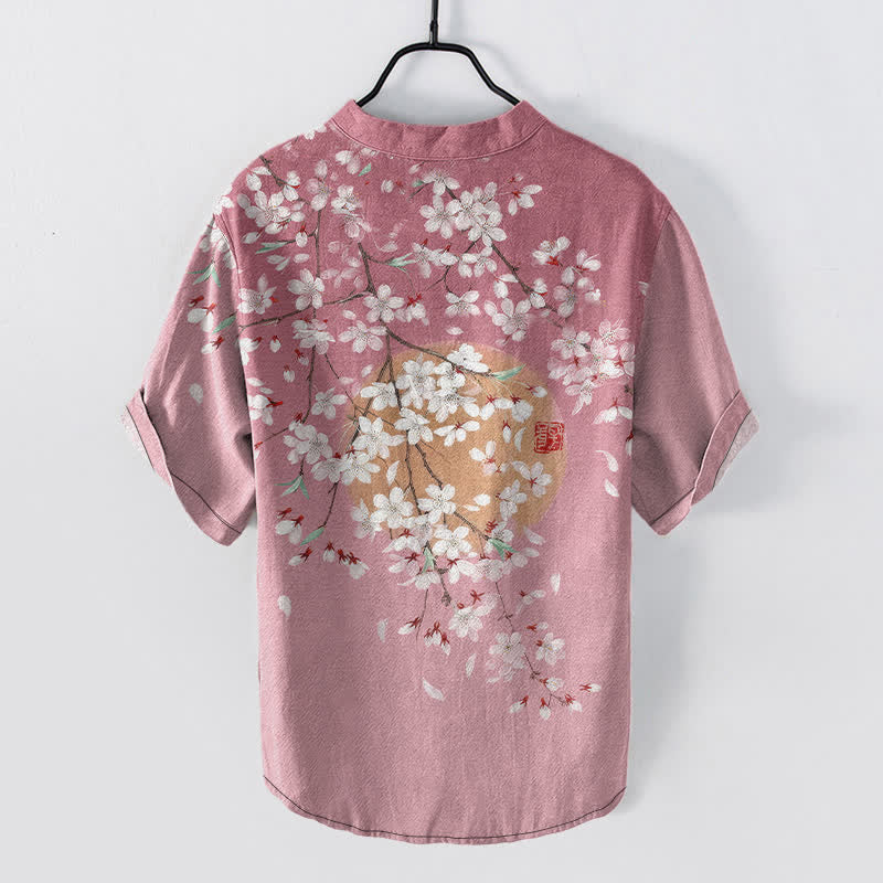 Buddha Stones 綿素材の桜の枝と太陽の模様のメンズ半袖ハーフボタンシャツ - image 1