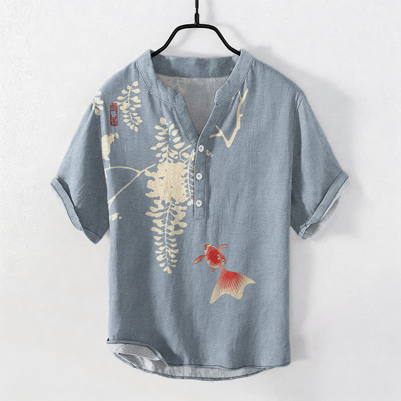 Buddha Stones コットン製鯉柄つる模様メンズ半袖ハーフボタンシャツ - 水色 - US/UK/AU50、EU60（5XL） - image 0