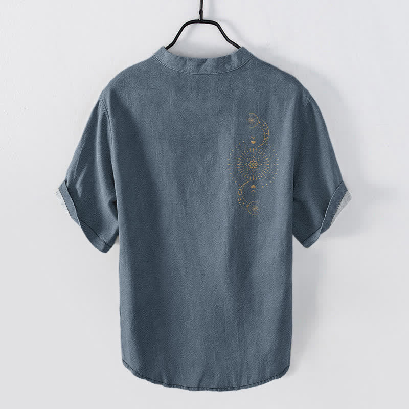 Buddha Stones コットン素材の太陽・月・星柄メンズ半袖ハーフボタンシャツ - image 1