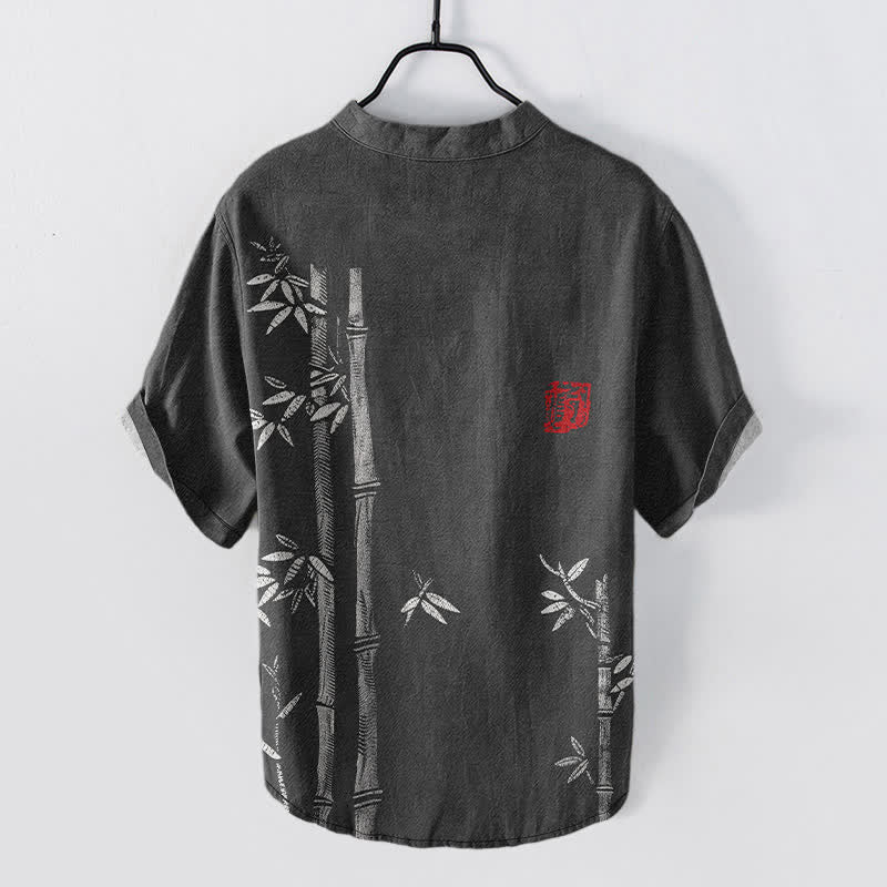Buddha Stones コットンインク竹柄メンズ半袖ハーフボタンシャツ - image 1