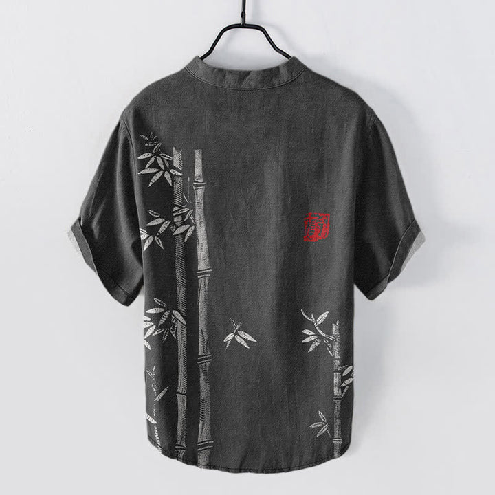 Buddha Stones コットンインク竹柄メンズ半袖ハーフボタンシャツ - image 1