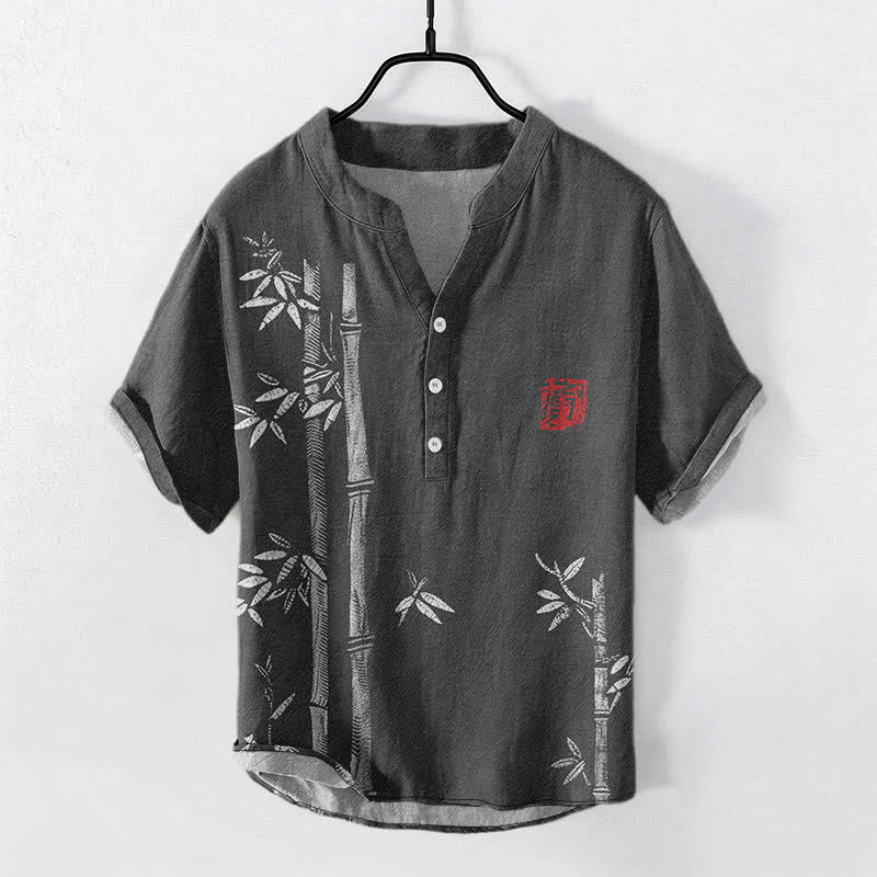 Buddha Stones コットンインク竹柄メンズ半袖ハーフボタンシャツ - 黒 - US/UK/AU50、EU60（5XL） - image 0