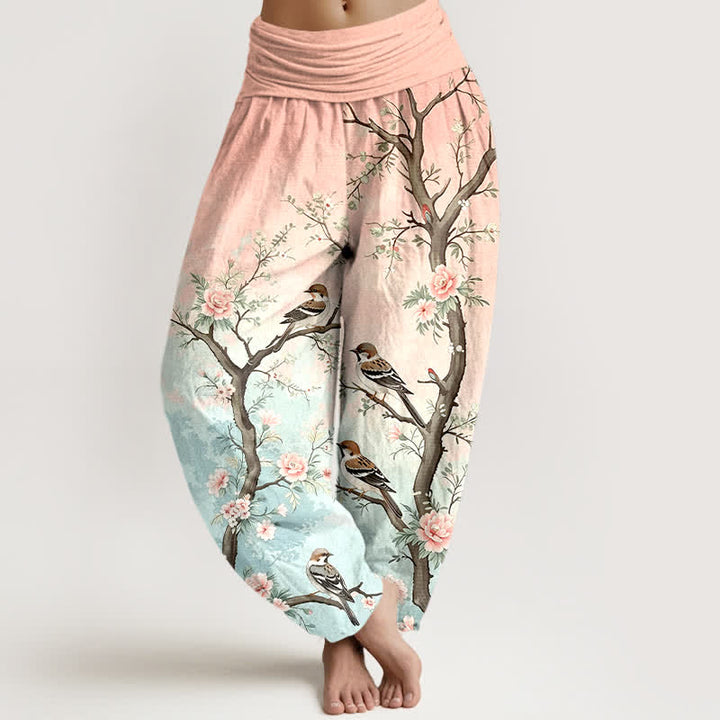 Buddha Stones 綿素材のオリエンタルな花と鳥の枝の模様が入ったレディース用ゴムウエストハーレムパンツ - ライトピンク - US16、 UK/AU20、 EU48 (3XL) - image 0