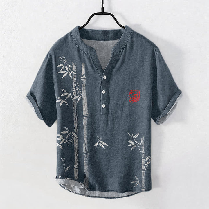 Buddha Stones コットンインク竹柄メンズ半袖ハーフボタンシャツ - スチールブルー - US/UK/AU50、EU60（5XL） - image 5