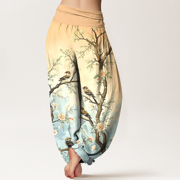 Buddha Stones 綿素材のオリエンタルな花と鳥の枝の模様が入ったレディース用ゴムウエストハーレムパンツ - image 7
