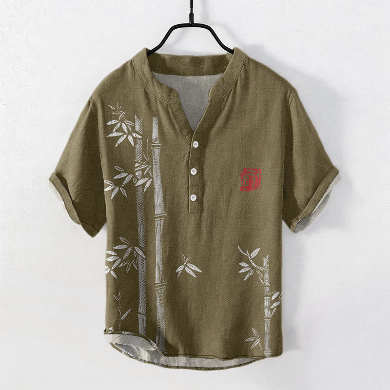 Buddha Stones コットンインク竹柄メンズ半袖ハーフボタンシャツ - シエナ - US/UK/AU50、EU60（5XL） - image 7
