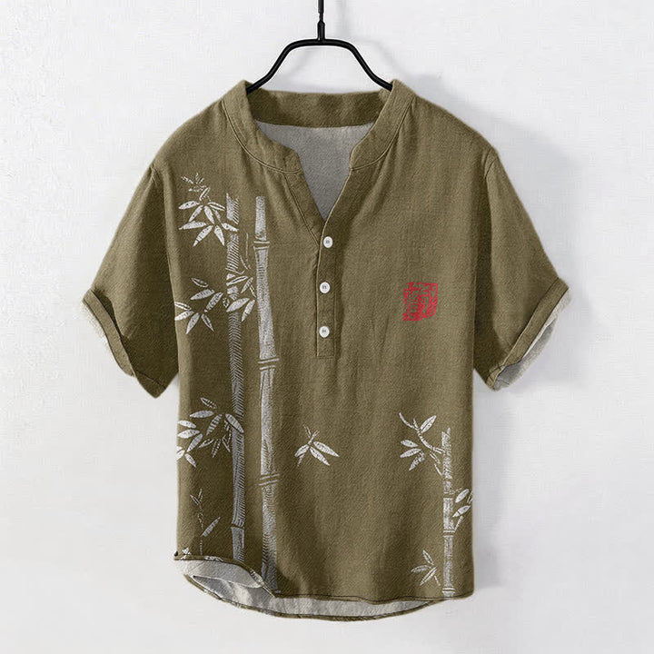 Buddha Stones コットンインク竹柄メンズ半袖ハーフボタンシャツ - シエナ - US/UK/AU50、EU60（5XL） - image 7