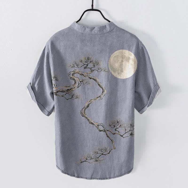 Buddha Stones コットンインク ムーンパイン柄 メンズ 半袖ハーフボタンシャツ - image 1