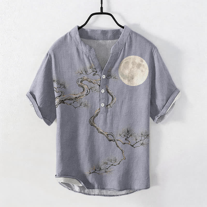 Buddha Stones コットンインク ムーンパイン柄 メンズ 半袖ハーフボタンシャツ - ライトスチールブルー - US/UK/AU50、EU60（5XL） - image 0