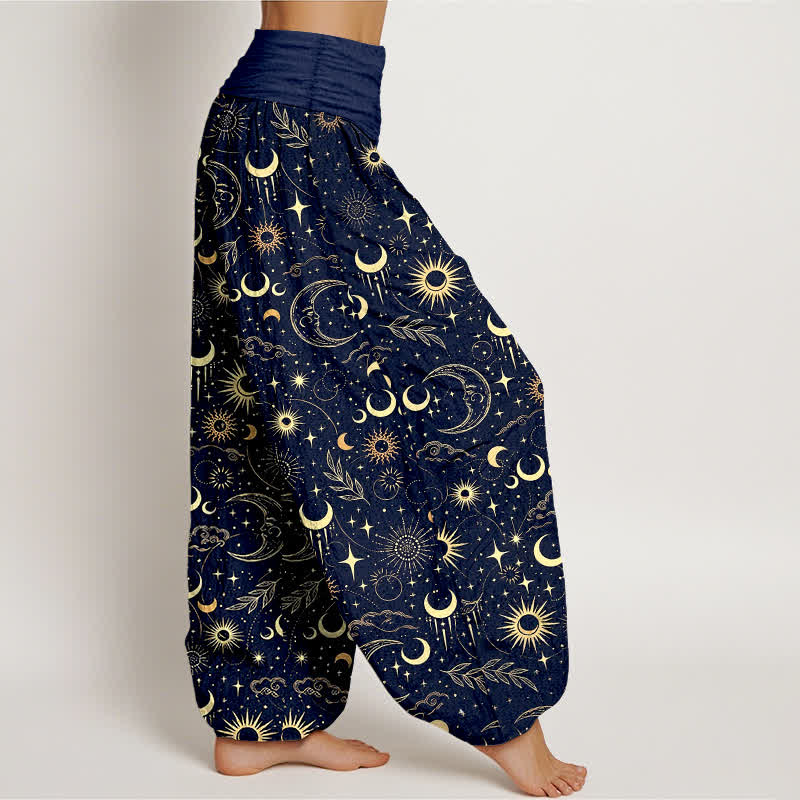 Buddha Stones コットン素材の月、太陽、星柄のレディース用ゴムウエストハーレムパンツ - image 1