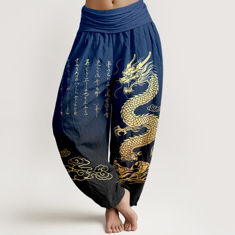 Buddha Stones 綿素材、金龍雲柄、ウエストゴム入りレディースハーレムパンツ - 海軍 - US16、 UK/AU20、 EU48 (3XL) - image 0