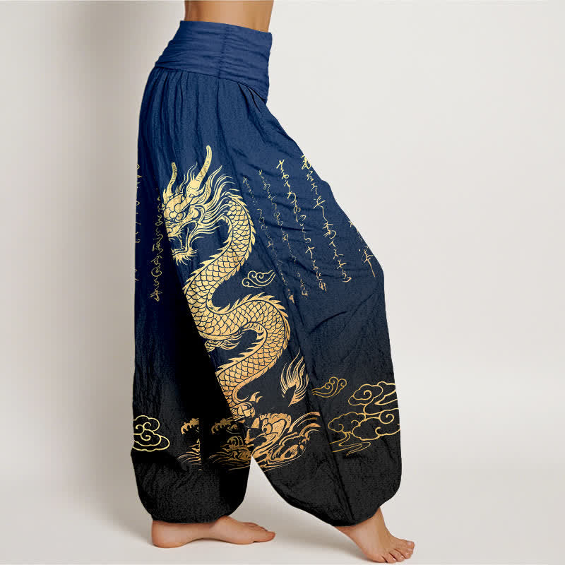 Buddha Stones 綿素材、金龍雲柄、ウエストゴム入りレディースハーレムパンツ - image 1