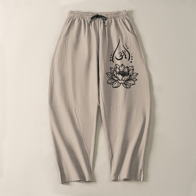 Buddha Stones 純綿素材、神聖な蓮の花柄、オム模様、ドローストリング付き、ポケット付きメンズテーパードパンツ - image 13
