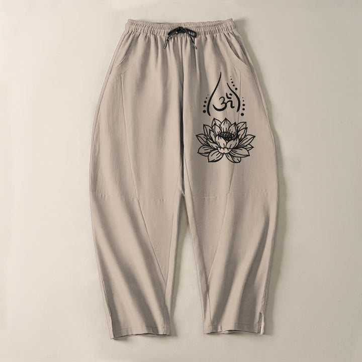 Buddha Stones 純綿素材、神聖な蓮の花柄、オム模様、ドローストリング付き、ポケット付きメンズテーパードパンツ - image 13