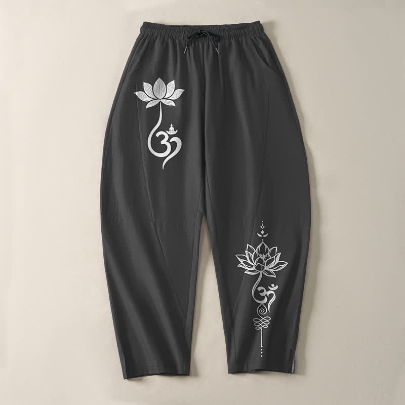 Buddha Stones 純綿素材、禅オム柄、ドローストリング付きメンズテーパードパンツ（ポケット付き） - image 2
