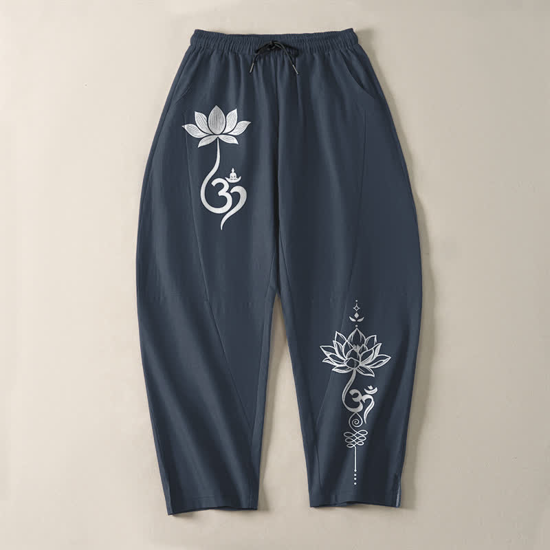 Buddha Stones 純綿素材、禅オム柄、ドローストリング付きメンズテーパードパンツ（ポケット付き） - image 9