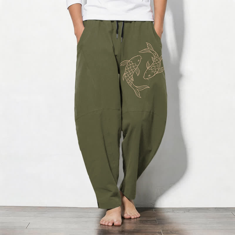 Buddha Stones 純綿鯉鯉ストリング付きメンズテーパードパンツ（ポケット付き） - オリーブ - US/UK/AU50、EU60（5XL） - image 0
