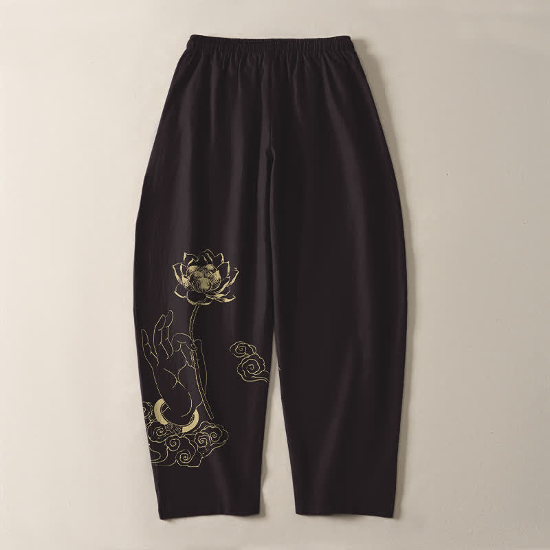 Buddha Stones 純綿ゴールデンロータスクラウド柄ドローストリング付きメンズテーパードパンツ（ポケット付き） - image 10