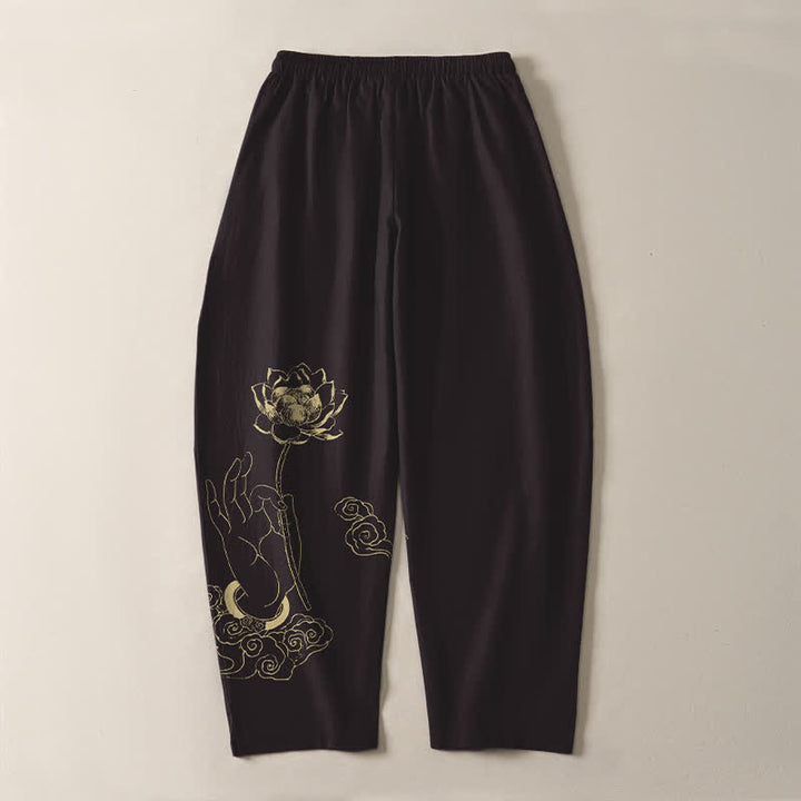 Buddha Stones 純綿ゴールデンロータスクラウド柄ドローストリング付きメンズテーパードパンツ（ポケット付き） - image 10