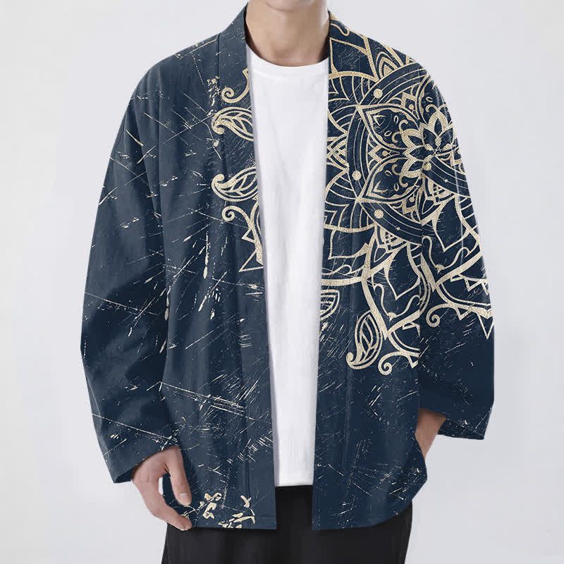 Buddha Stones コットン素材、ダメージ加工のマンダラ柄、前開きメンズ着物 - 海軍 - US/UK/AU48、 EU58 (4XL) - image 0