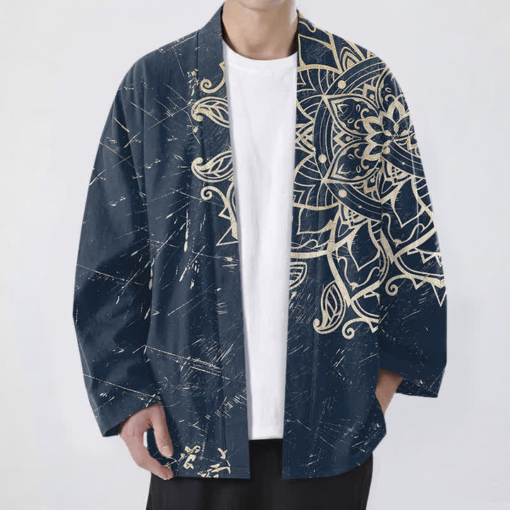 Buddha Stones コットン素材、ダメージ加工のマンダラ柄、前開きメンズ着物 - 海軍 - US/UK/AU48、 EU58 (4XL) - image 0