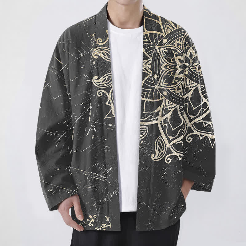 Buddha Stones コットン素材、ダメージ加工のマンダラ柄、前開きメンズ着物 - グレー - US/UK/AU48、 EU58 (4XL) - image 9
