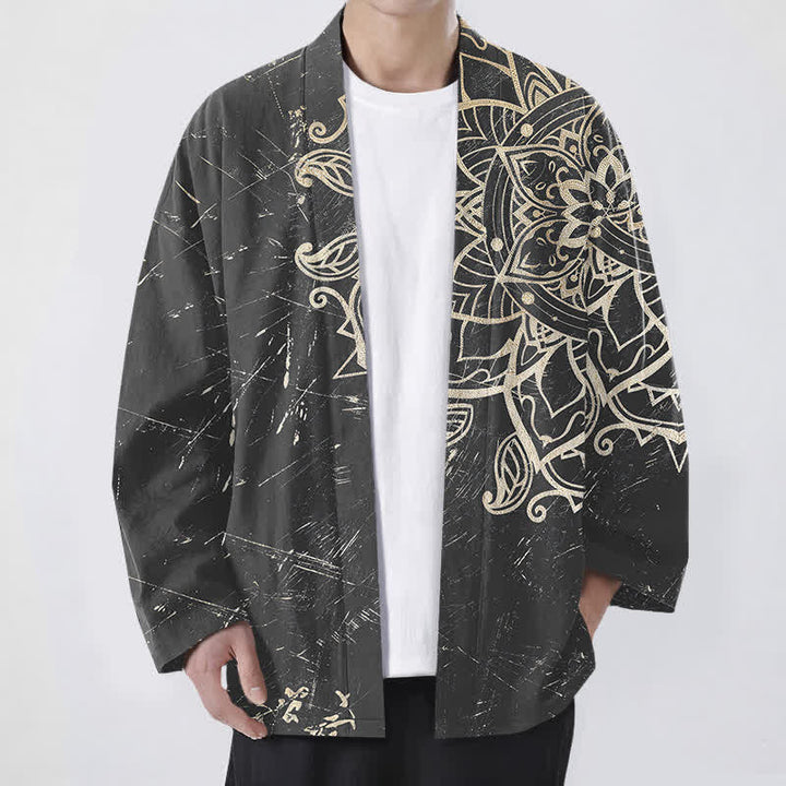 Buddha Stones コットン素材、ダメージ加工のマンダラ柄、前開きメンズ着物 - グレー - US/UK/AU48、 EU58 (4XL) - image 9