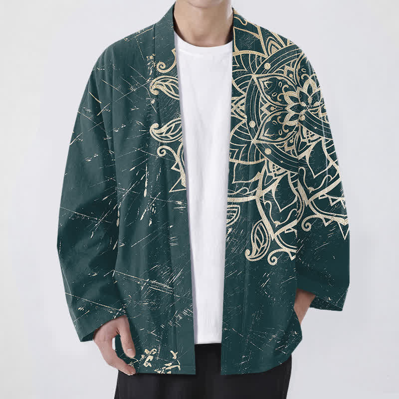 Buddha Stones コットン素材、ダメージ加工のマンダラ柄、前開きメンズ着物 - ティール - US/UK/AU48、 EU58 (4XL) - image 6