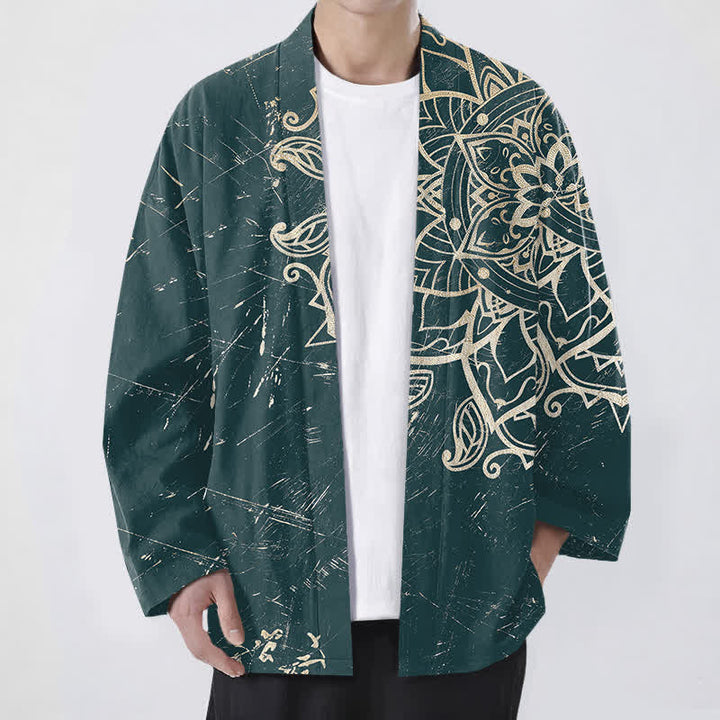 Buddha Stones コットン素材、ダメージ加工のマンダラ柄、前開きメンズ着物 - ティール - US/UK/AU48、 EU58 (4XL) - image 6