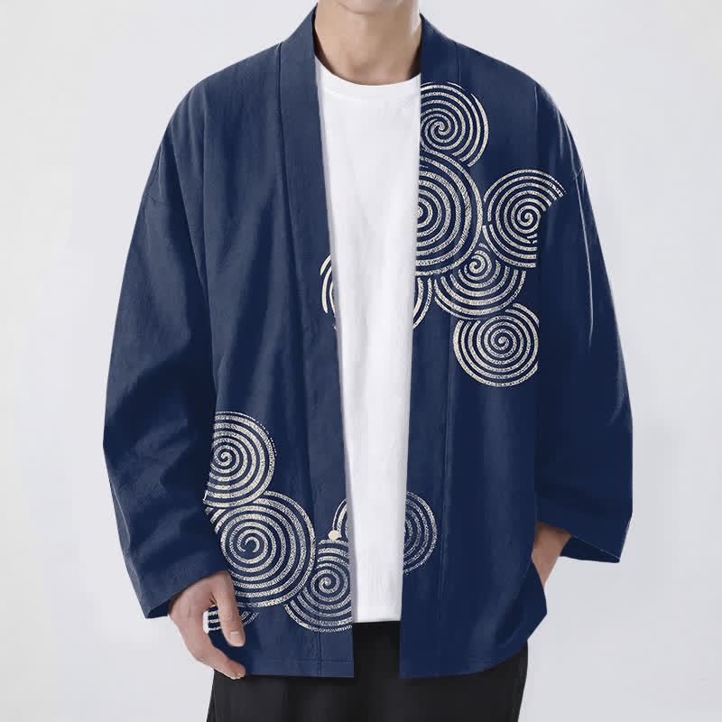 Buddha Stones 綿素材の同心円状螺旋模様、前開きメンズ着物 - 海軍 - US/UK/AU48、 EU58 (4XL) - image 0