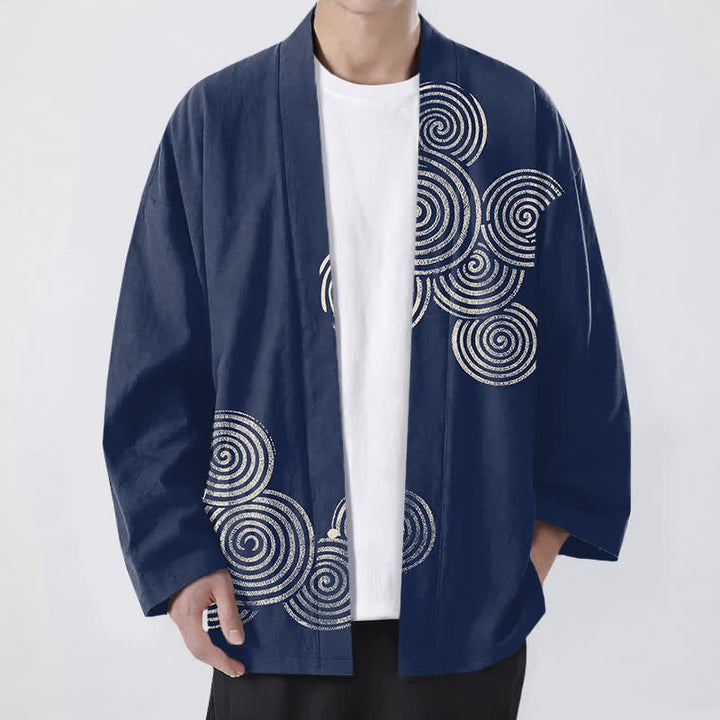 Buddha Stones 綿素材の同心円状螺旋模様、前開きメンズ着物 - 海軍 - US/UK/AU48、 EU58 (4XL) - image 0
