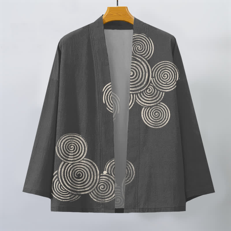 Buddha Stones 綿素材の同心円状螺旋模様、前開きメンズ着物 - image 10