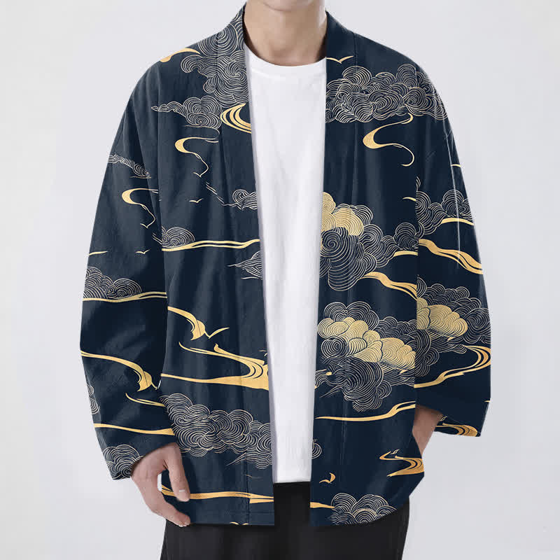 Buddha Stones 綿素材の金雲柄前開きメンズ着物 - 海軍 - US/UK/AU48、 EU58 (4XL) - image 0