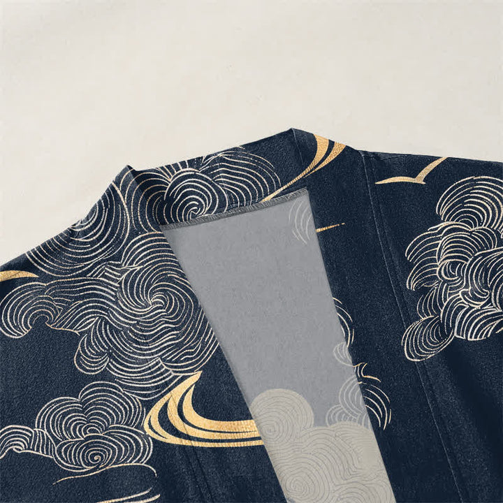 Buddha Stones 綿素材の金雲柄前開きメンズ着物 - image 3